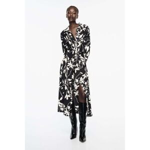 ZARA FLORAL ECRU BLACK PRINT BELTED SHIRT DRESS